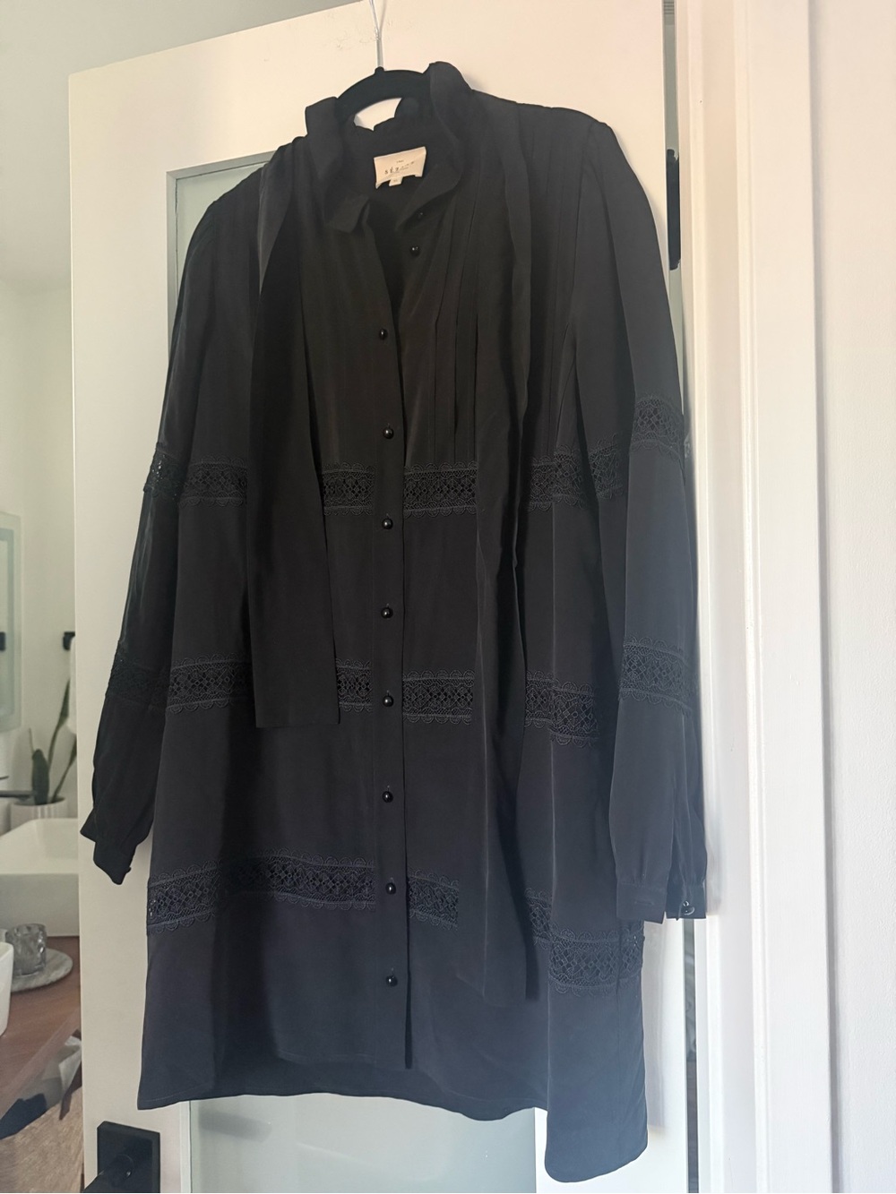 Sezane Black Mini Dress with Lace Insets and removable bow tie